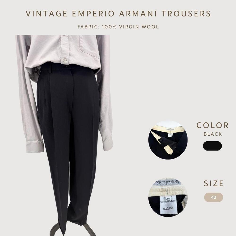 Vintage Emporio Armani Virgin Wool Trousers Black Pleated Dress Pants Size 42